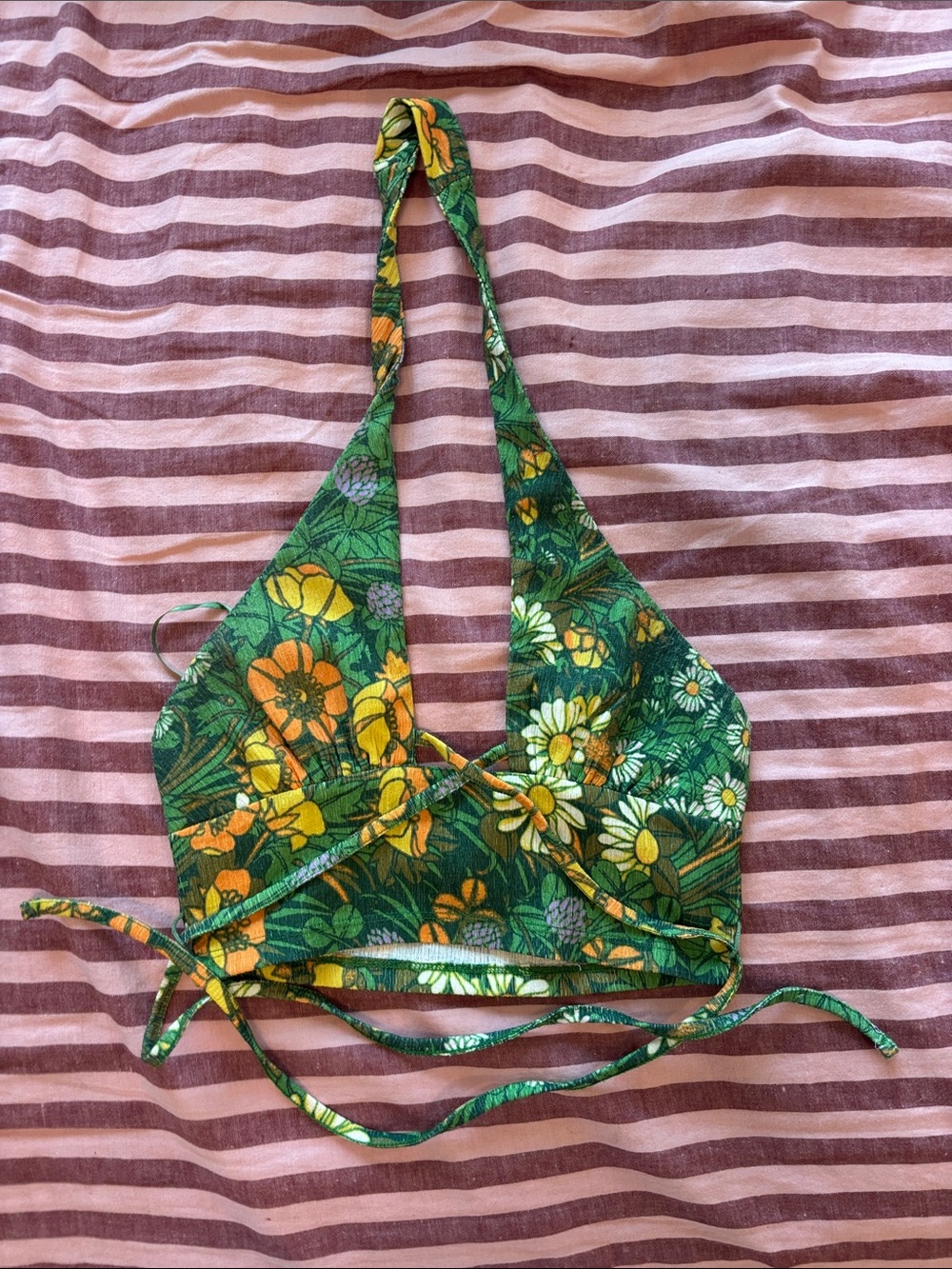 Urban Outfitters Green Floral Halter Crop Top with Yellow & White Blooms